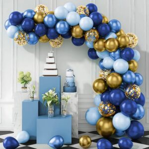 Stunning navy blue balloon arch kit set up as an elegant party backdrop with navy, gold, and light blue balloons of varying sizes.