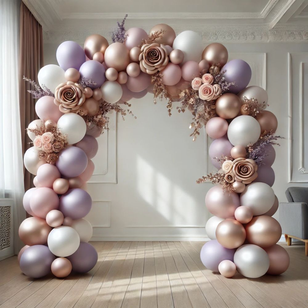 Elegant balloon arch in lavender, soft pink, rose gold, and white tones with floral accents, perfect for weddings, baby showers, or upscale events.