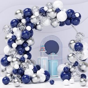 Blue and silver balloon arch kit for winter parties, baby boy showers, or holiday decor.
