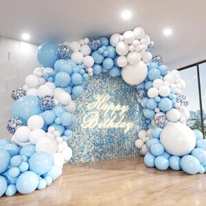 Fresh and clean, the blue and white balloon garland kit suits baby showers, sports parties, or winter wonderland themes.