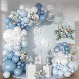 Dusty blue balloon garland kit for baby showers, weddings, or gender-neutral party themes.