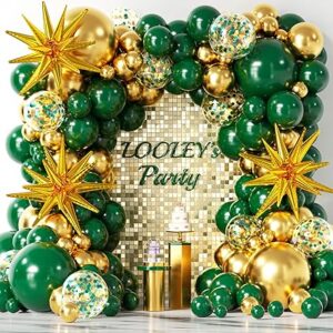 Green and gold balloon garland kit for jungle, safari, or garden-themed parties.