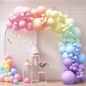 Pastel rainbow balloon arch kit for kids’ birthday parties, baby showers, or unicorn themes.