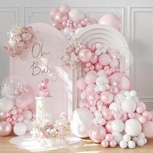 All-pink balloon garland kit for baby showers, girls’ birthdays, and gender reveal party decorations.