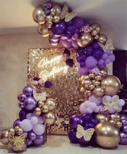 Purple balloon arch kit for themed birthday parties, baby showers, or festive decor.