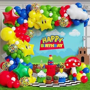 Primary color balloon arch kit (red, blue, green, yellow) for kids’ birthday parties and playful themes.