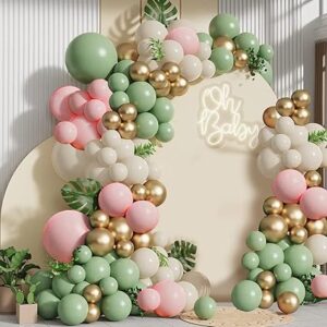 Sage green and pink balloon arch kit for baby showers, weddings, and spring party decorations.